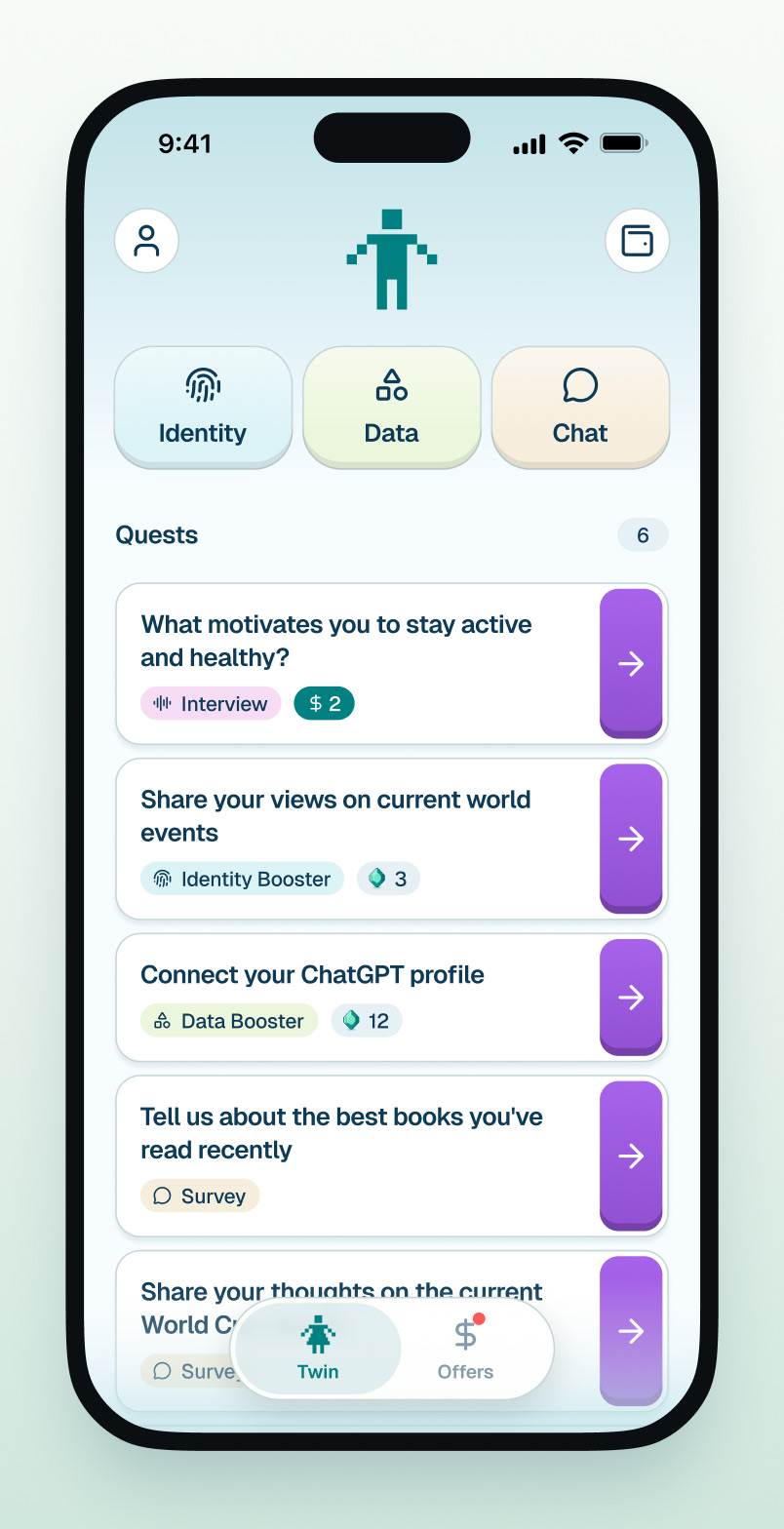 Twineo home screen with a list of Quests, including interviews, boosters and surveys